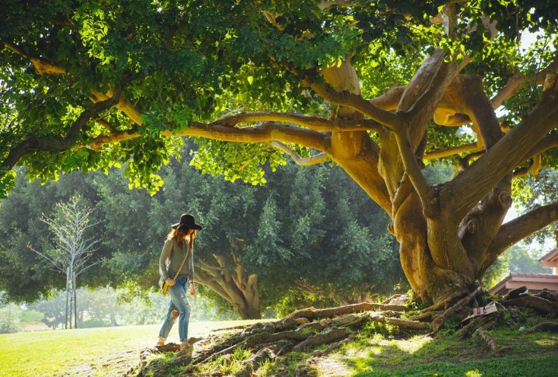 donna vicino casa immersa nel verde